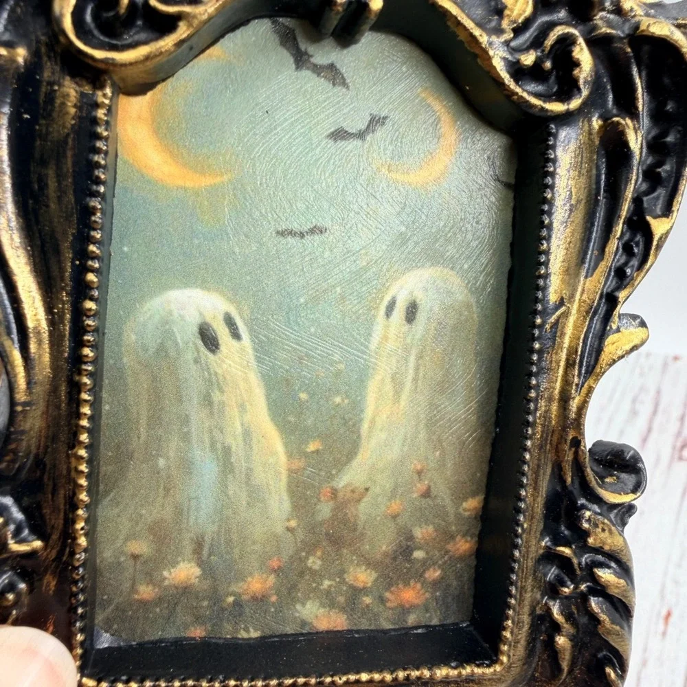 Handmade Gothic Ghost Art Print Ornate Black Gold Resin Frame Spooky Decor